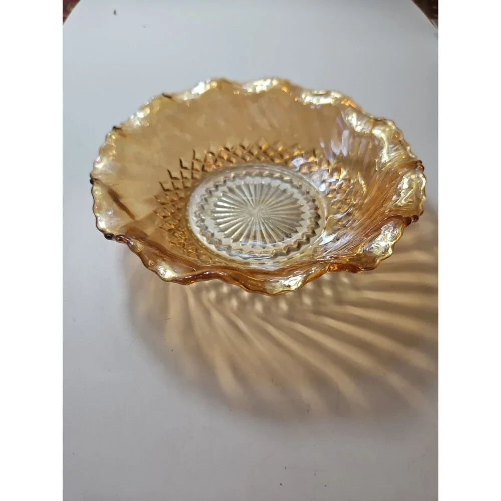 Marigold Depression Carnival Glass Bowls LOT w Ruffled Edge Gold Iridescent